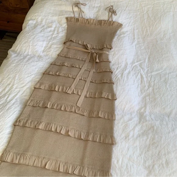 V. Chapman Lily Smocked Ruffle Tiered Fitted Midi Dress Doeskin Beige Cream Tan - Picture 2 of 7